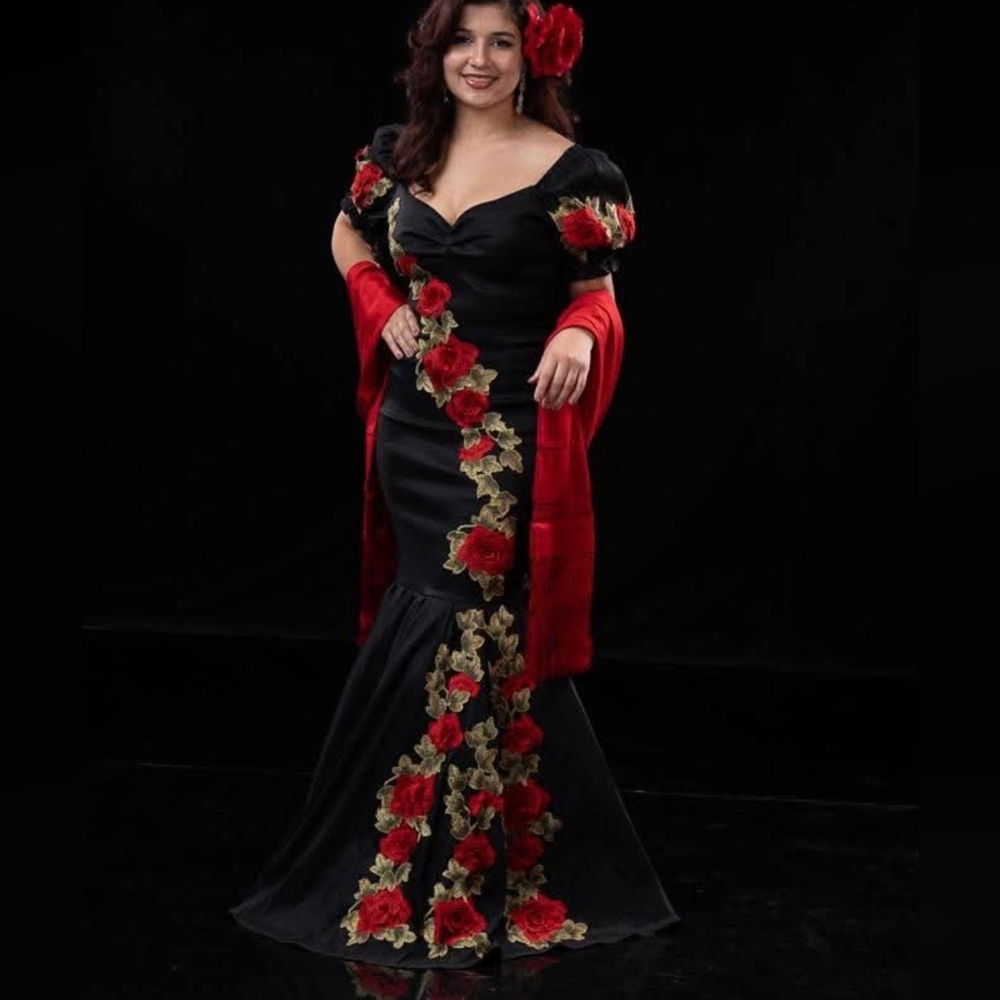 Chic Black and Red Floral Gown